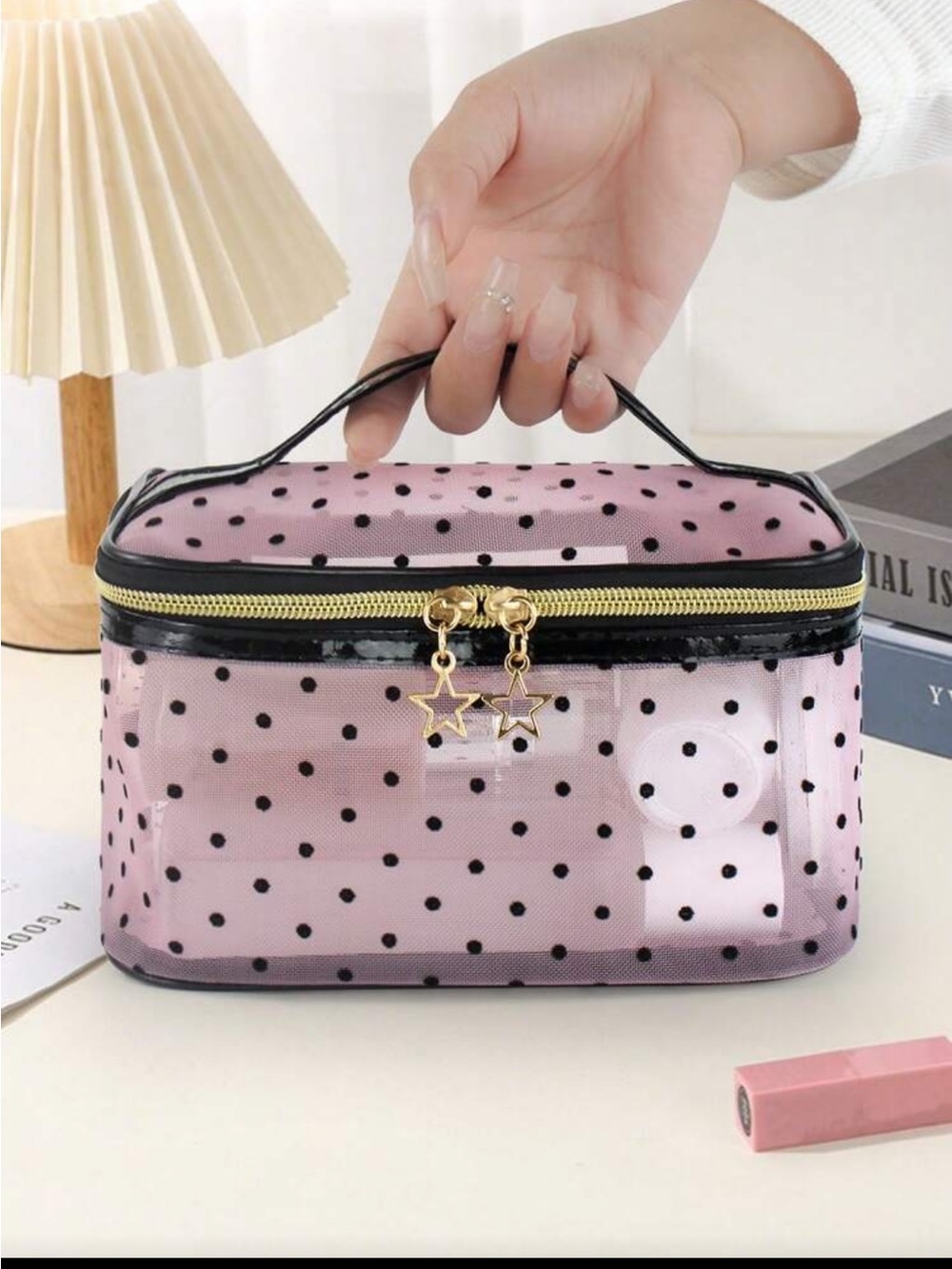Pink Polka Dot Clear Cosmetic Bag with Star Zipper Pulls